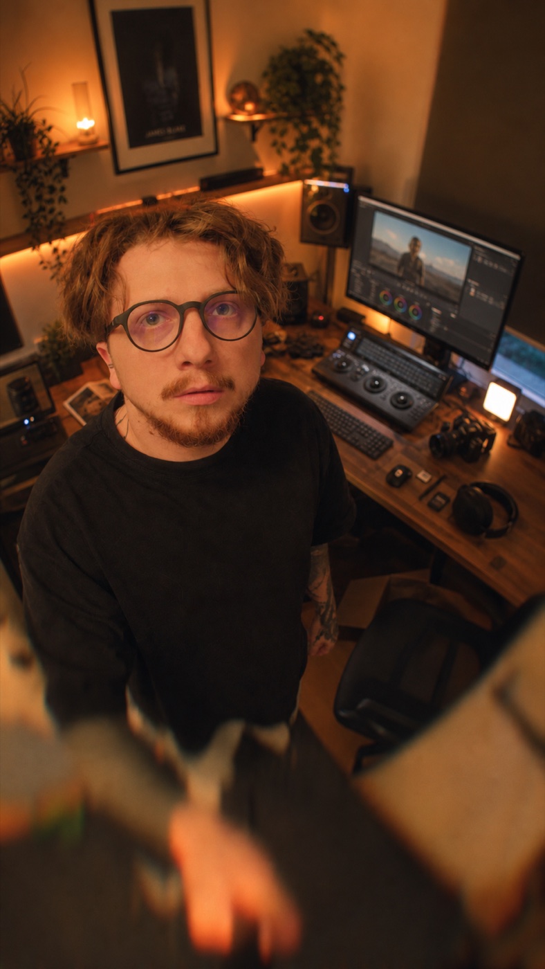 Andrii Hevich in his editing studio with color grading equipment